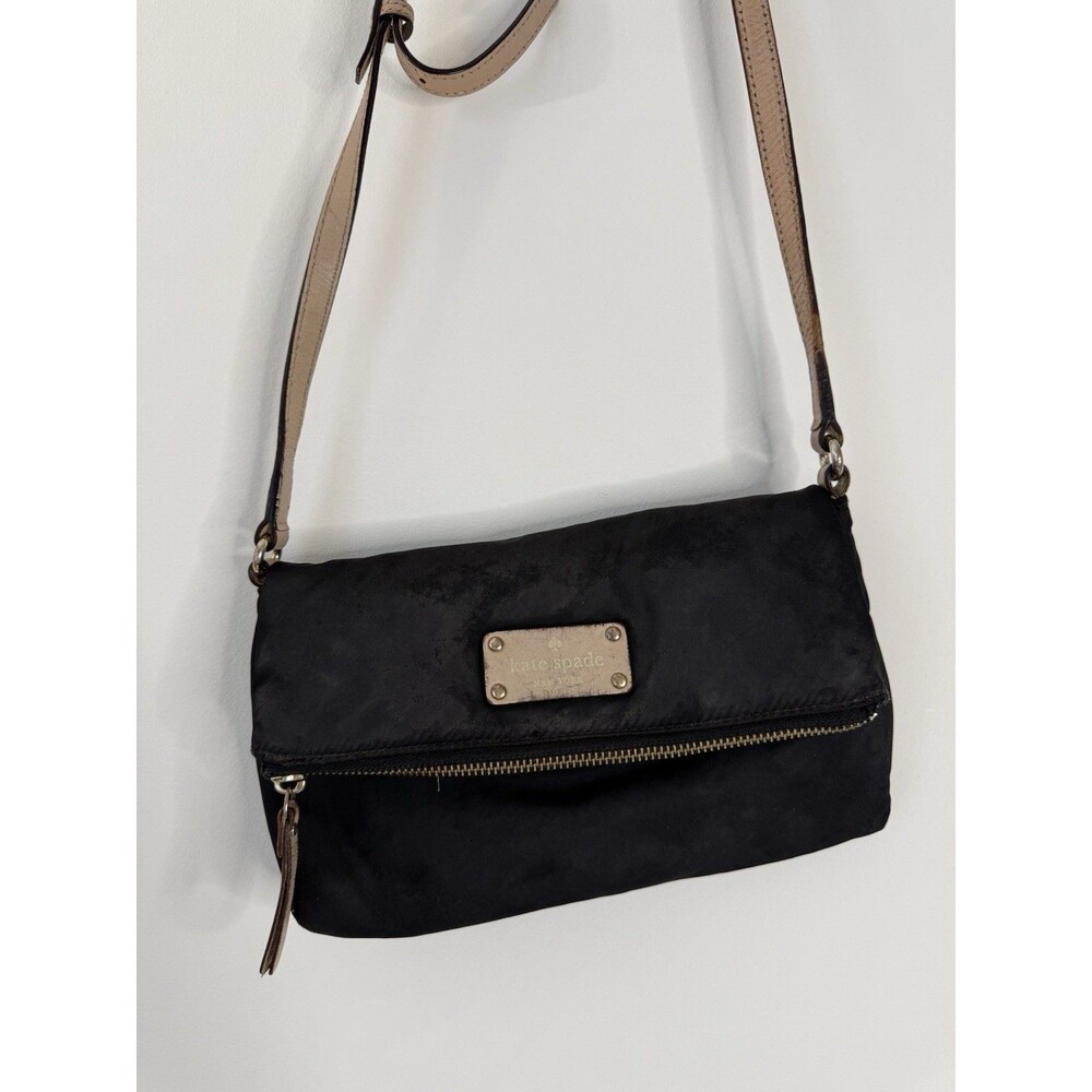 ✿ Kate Spade NY Black Nylon Foldover Crossbody Polka Dot Lining Bag Excellent